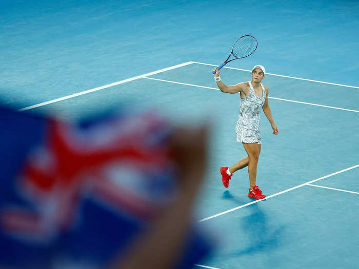 1/25: Ash Barty celebrates match point in her quarterfinal match against Jessica Pegula at the Australian Open.