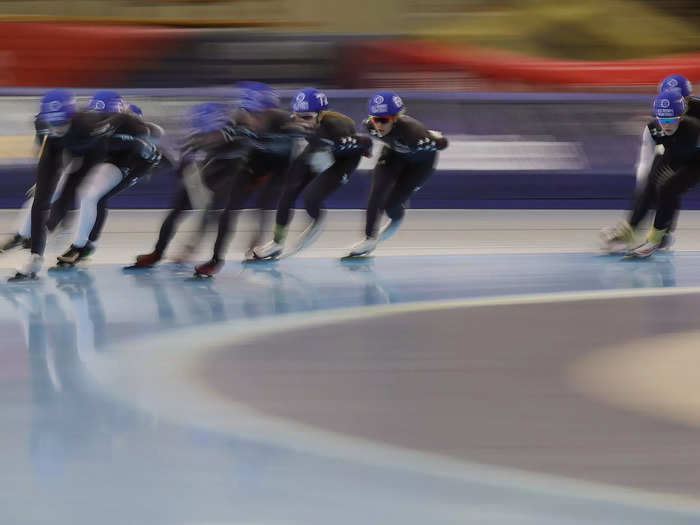 1/9: Skaters compete in the Mass Start event during the 2022 U.S. Speedskating Long Track Olympic Trials in Milwaukee, Wisconsin.