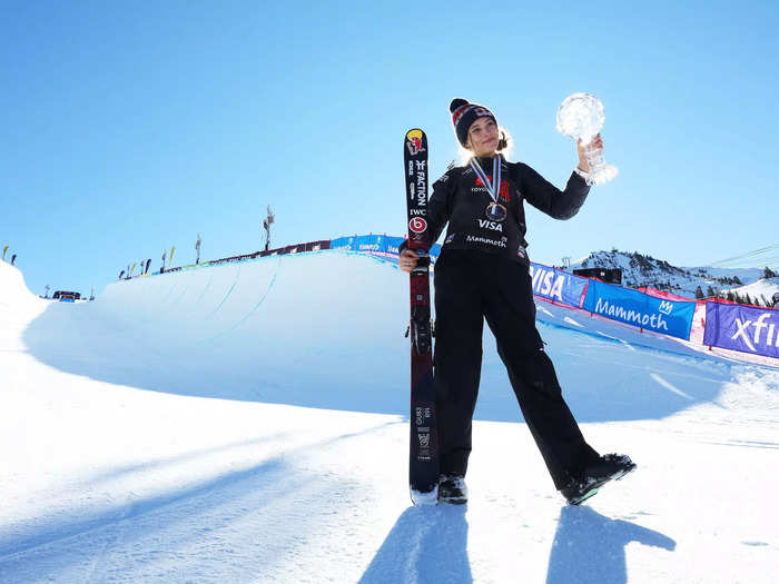 1/8: Eileen Gu poses for a picture after placing first in the Freeski Halfpipe competition at the Toyota U.S. Grand Prix at Mammoth Mountain in California.