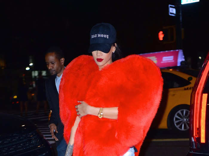 Rihanna showed the love in a red heart coat on September 5, 2016.