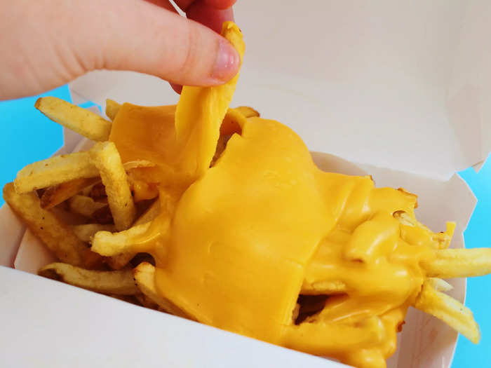 The cheese clung to the top layer of fries.