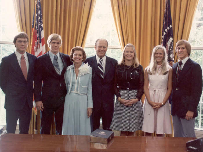 Michael Ford (first from the right) had recently married Gayle Ann Brumbaugh when his father, President Gerald Ford, took office.