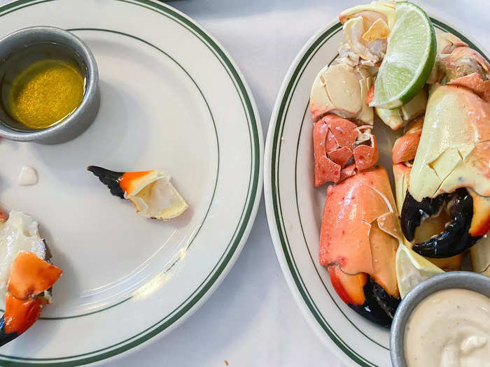 I ordered the large-sized bluestone crab legs, which were $85. It came with a side of melted butter and mustard sauce. I got some fries, too.