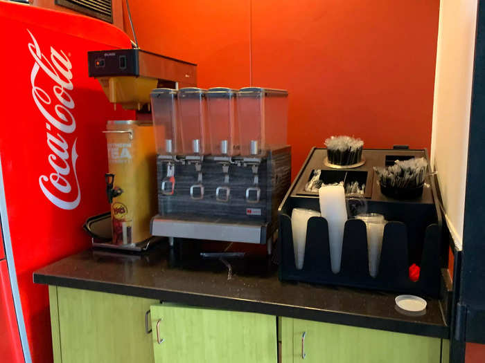 There was a typical self-serve drink station alongside napkins and utensils like you might find at any fast-food restaurant.