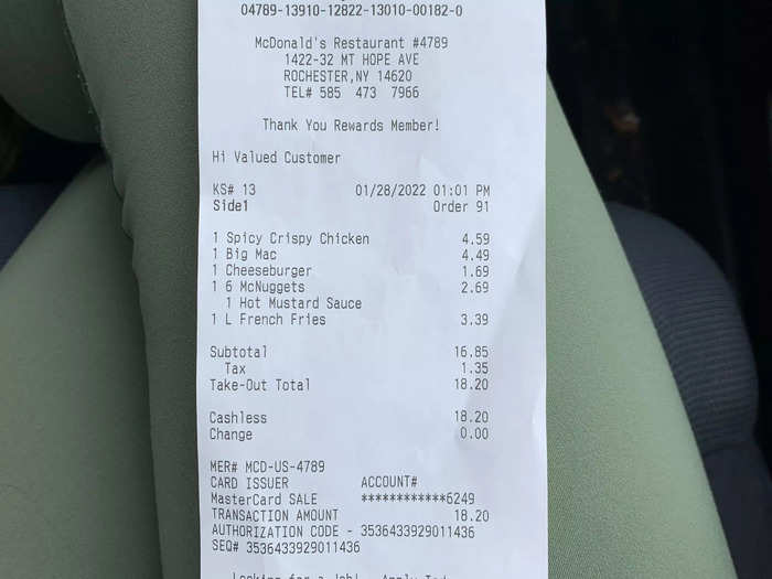 The order came out to $18.20.