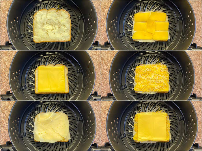 I layered multiple cheeses on the bread, assembling it neatly in the air fryer.