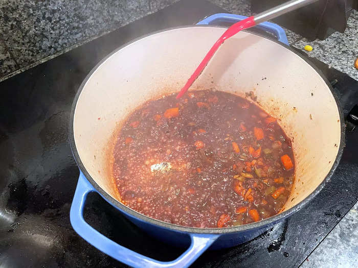 Once the vegetables were ready, I added the tomato paste and red wine.