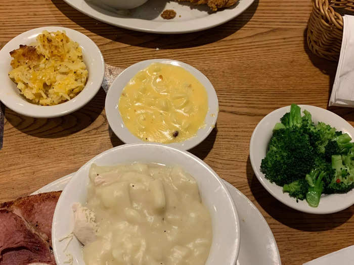 It was a huge portion, consisting of meatloaf, ham, chicken and dumplings, and my choice of three sides.