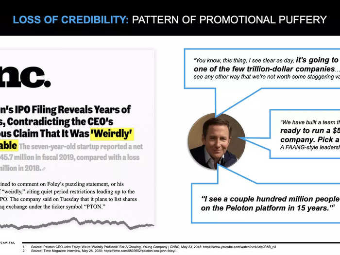 The deck highlights other past quotes from Foley depicting lofty – perhaps unrealistic – goals for the company, calling it "promotional puffery."