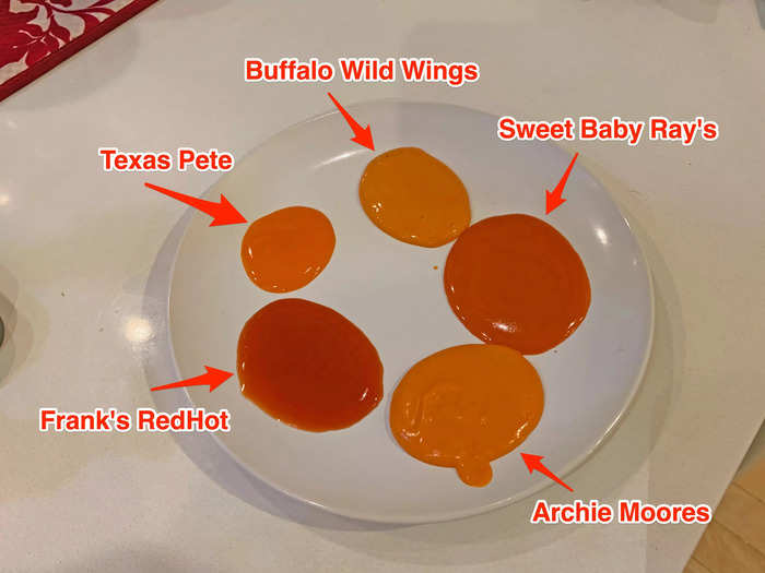 I poured all of the sauces on a plate so that I could compare them visually before chowing down.