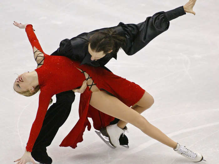 Galit Chait wore a red dress with a daring thigh slit in her 2002 Olympic performance with Sergei Sakhnovski.