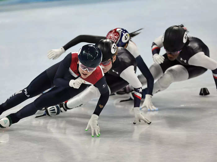 Up-close shots reveal the intense angles speed skaters take.