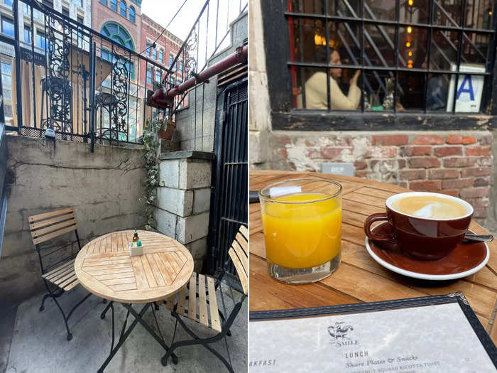 I stepped inside, but it was such a nice day that I chose to sit at one of two tables situated on the front patio. I started my order with juice and coffee like Hadid.