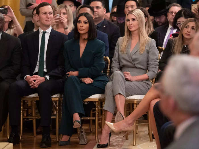 In 2019, Kim Kardashian donned a deep-green suit, matching heels, and a lob haircut to speak with Donald Trump.