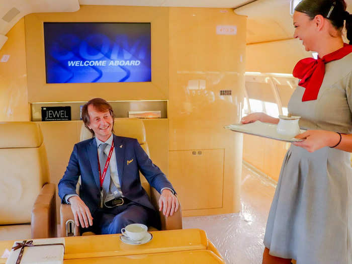 Four club seats surround the table with space in between to rotate the chair if need be. The space can also be used to host a meeting if the flight is for business instead of pleasure.