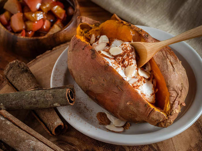 7. Sweet potato with Greek yogurt, cinnamon, and flaked almonds