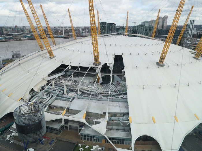 In London, strong gusts of winds destroyed a section of the O2 arena