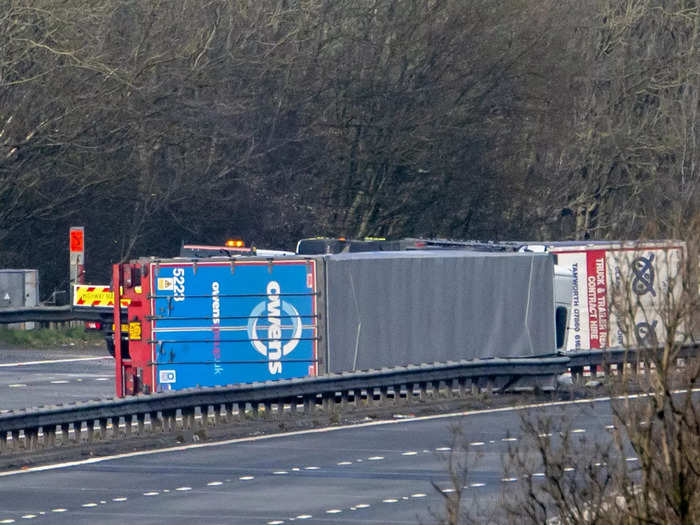 Severe winds also caused two lorry trucks to overturn on the M4 motorway in Wales.