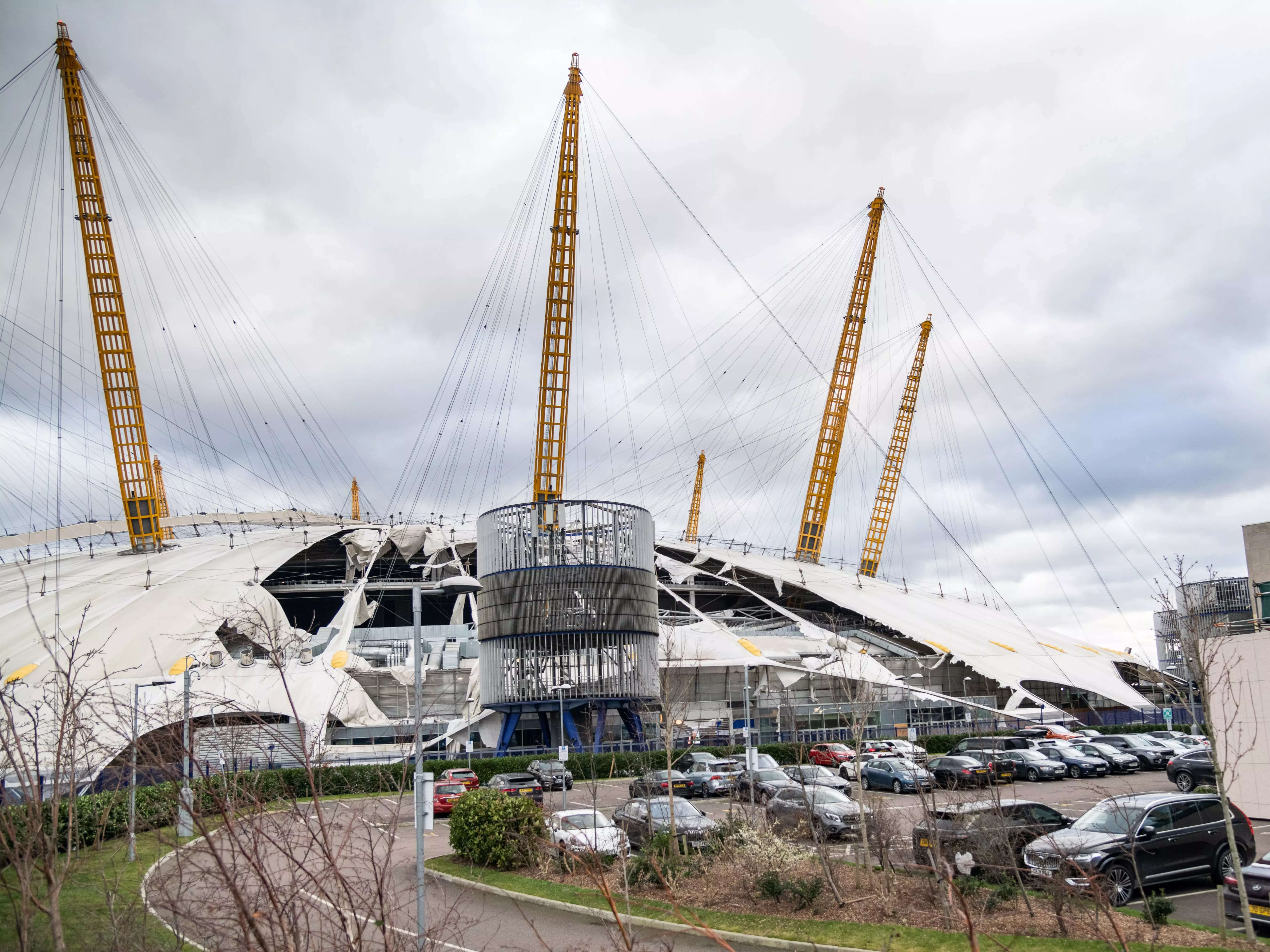 General view of the damage caused by heavy winds that tore open the famous canopy roof of the O2 Arena in Greenwich causing widespread damage on February 18, 2022 in London, England.