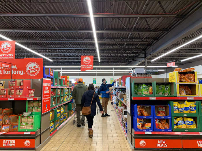 Aldi stores are a bit smaller than traditional grocery stores at about 12,000 square feet, with just five large aisles.