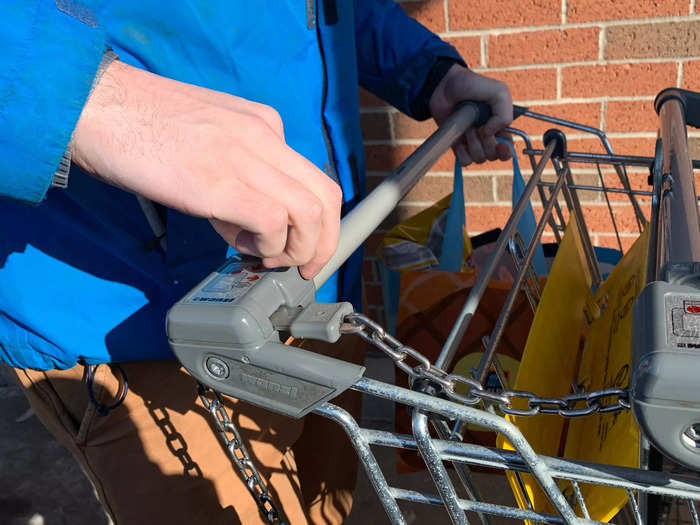 I visited an Aldi location in Rochester, New York. To pick up a cart at the entrance of the store, I had to put a quarter inside to unlatch it from the rest of the carts.