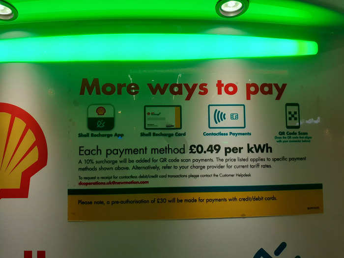 Drivers pay for their electricity on the Shell Recharge app or card, via contactless payment, or using a QR code. Shell charges £0.49 ($0.66) per kWh.