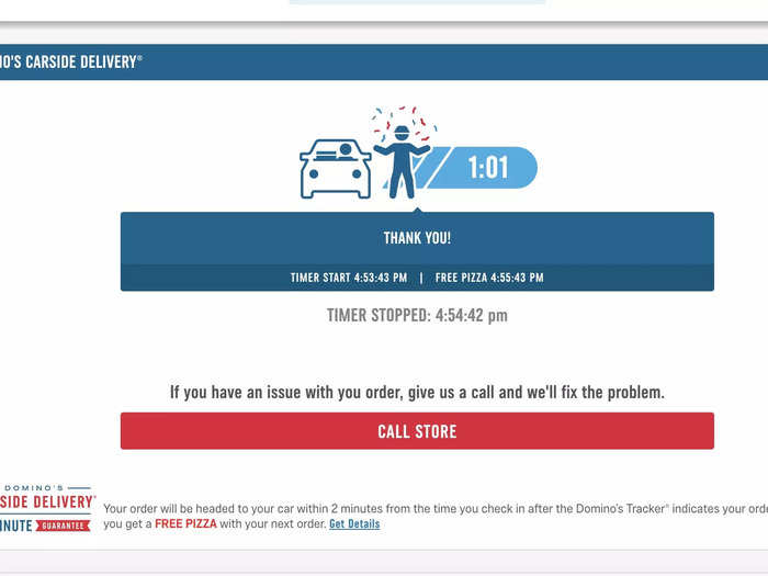 The tracker even tells you how much time elapsed between arriving at the store and receiving your pizza. In this case, it was one minute and one second — well within the two-minute limit.