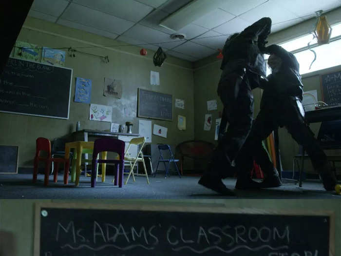 The classroom Daryl fights in has instructions on the board that could