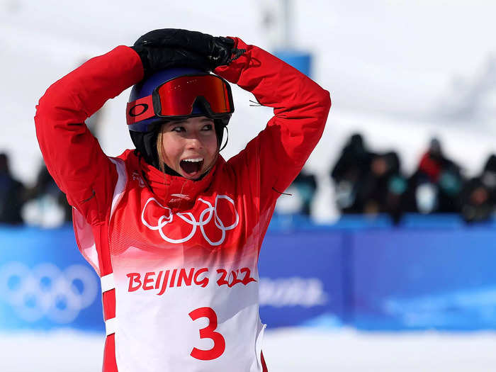 2/15: Eileen Gu reacts after winning a silver medal during the Slopestyle Final on Day 11 of the Beijing Olympics.