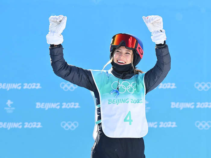 2/7: Eileen Gu reacts after logging a successful run during the Big Air qualification event on Day 3 of the Beijing Olympics, where she finished in fifth place.