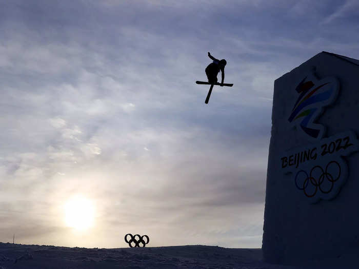 2/7: Eileen Gu catapults into the sky for a trick during a practice run ahead of the Big Air qualification event on Day 3 of the Beijing Olympics.