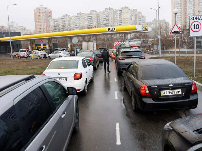 Gas stations in Kyiv and other cities across eastern Ukraine are backed up with cars.