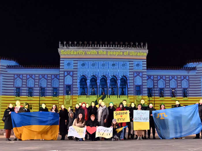 A small group gathered at Sarajevo City Hall in Bosnia to demonstrate in support of Ukraine.