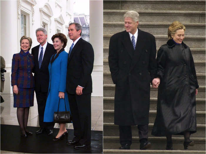 In 2001, she wore a red and blue plaid set for her last day in office.