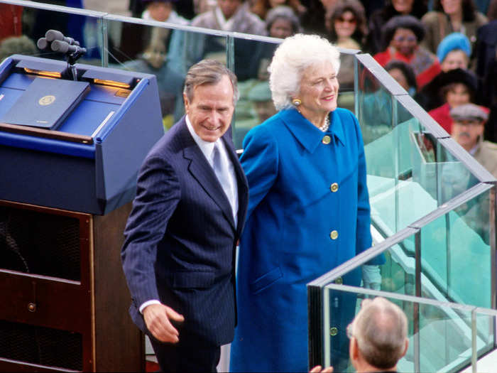 First lady Barbara Bush wore a simple-yet-bold blue coat on January 20, 1989.