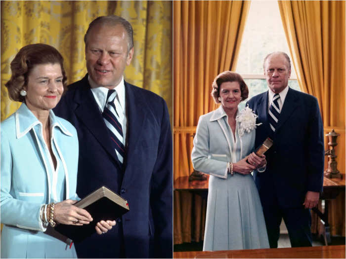 On August 9, 1974, Betty Ford wore a powder blue look for Gerald R. Ford