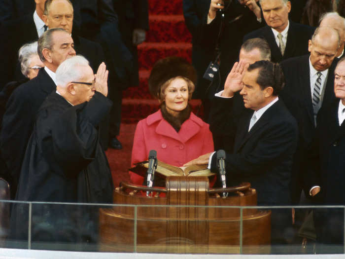 Pat Nixon wore a bright pink ensemble when her husband was sworn in.