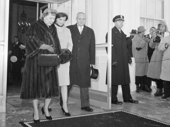 She wore yet another fur coat on her last day as first lady in 1961.