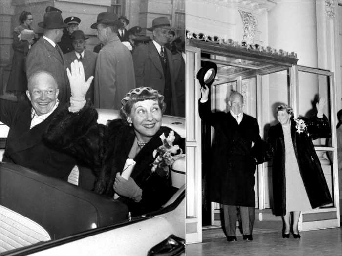 Mamie Eisenhower wore a cap and fur coat when her husband entered office in 1953.