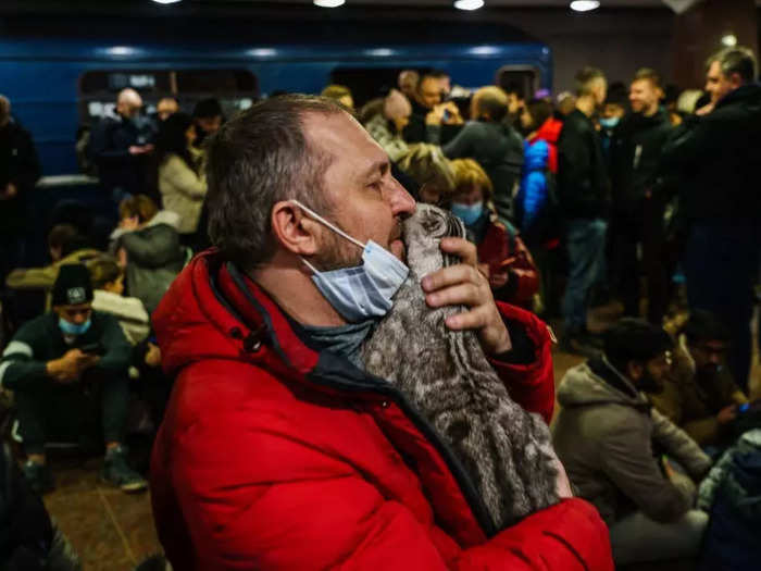 Kharkiv resident Caman Denysenko brought his cat underground into a metro subway station to seek shelter from Russian airstrikes.