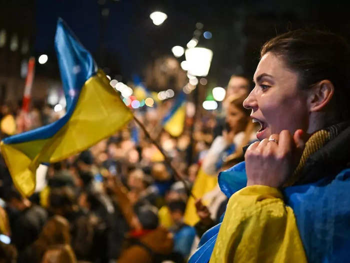 Protesters gathered in London to demonstrate against the Russian invasion of Ukraine on Friday