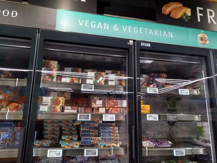 ... though half of the vegan and vegetarian freezer display was taken up by meat and fish, and the side actually dedicated to non-meat produce was nearly empty.