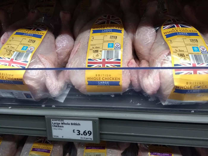 The prices were very low, something Aldi prides itself on. Large whole chickens cost just £3.69 ($4.95) each.