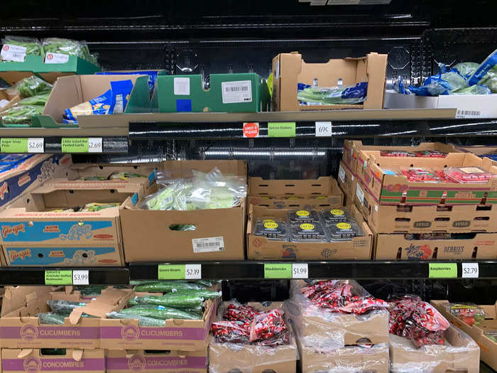 Most of the fruits and vegetables — including apples, celery, and cucumbers — were pre-wrapped in plastic. This is somewhat unusual in the US, though not unheard of.