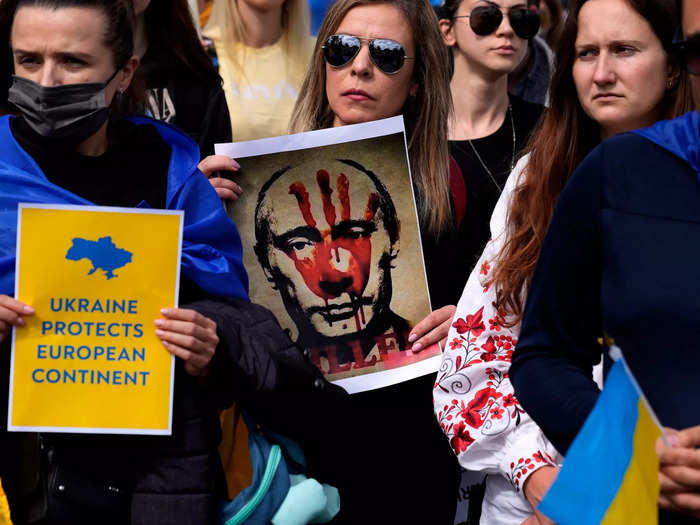 Protesters in Cyprus held signs that read: "#Terrorussia," "Stop Putin, Stop war," and "Stop Russian aggression to save Europe