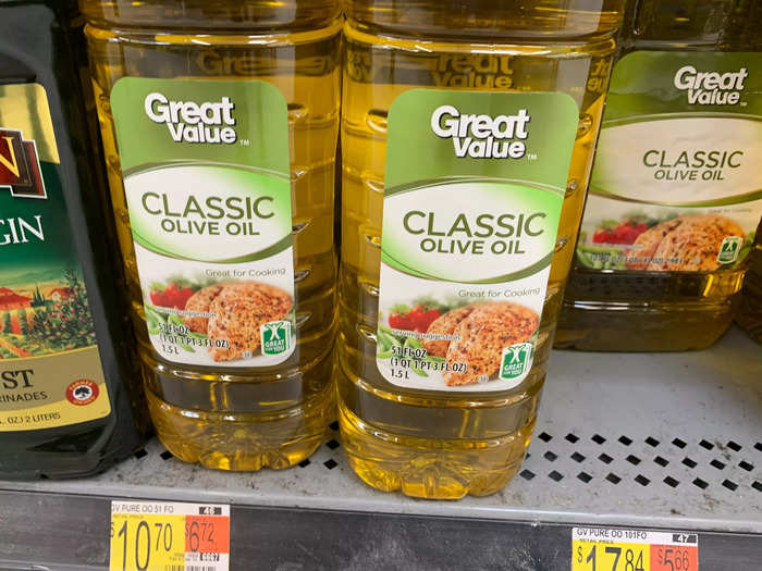 Olive oil is slightly cheaper at Walmart, by about 1 cent per ounce.