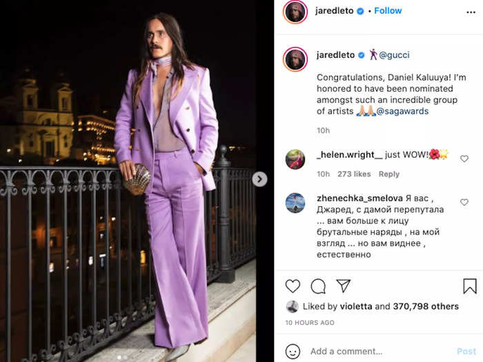 Jared Leto ditched the classic black tuxedo for a purple suit at the 2021 SAG Awards.