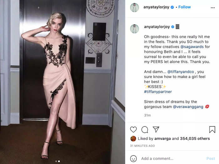 Anya Taylor-Joy wore a bold Vera Wang gown made up of nude silk and black lace for the 2021 awards show.