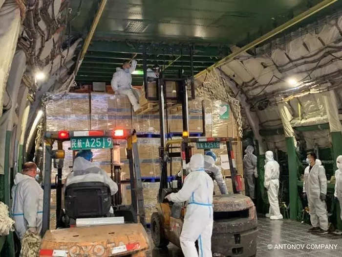 In one of the largest cargo shipments of the pandemic, crates, pallets, and boxes were stored from floor to ceiling in the six-engine jet.