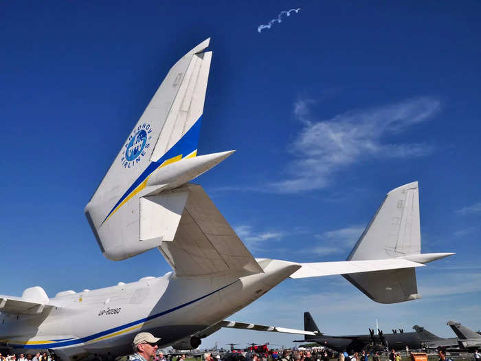 Design consideration was given to the idea of transporting the Russian space shuttle, as seen with the twin-tail configuration designed to capture the airflow from around any vehicle placed on top of the aircraft.